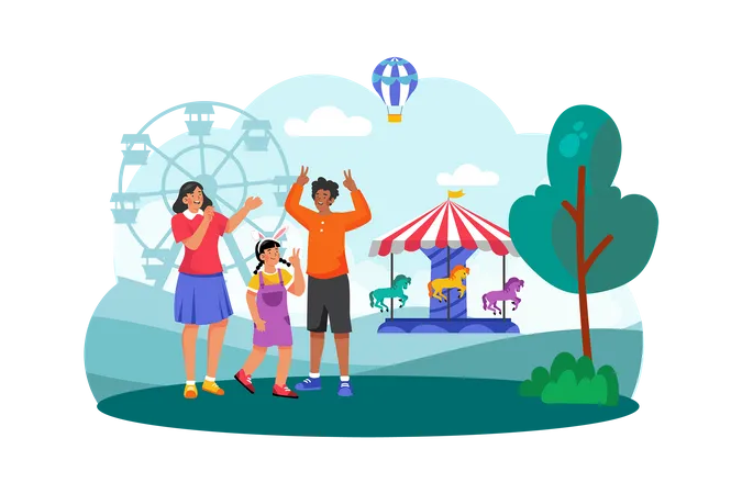 A Family Visits A Nearby Amusement Park For A Fun Filled Morning Of Rides And Attractions Illustration
