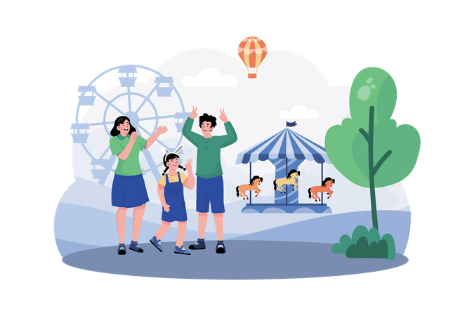 A family visits a nearby amusement park for a fun-filled morning of rides and attractions  イラスト
