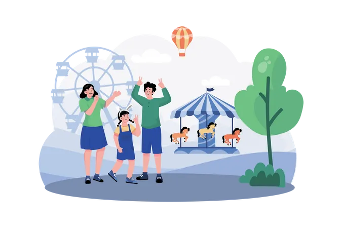 A family visits a nearby amusement park for a fun-filled morning of rides and attractions  イラスト