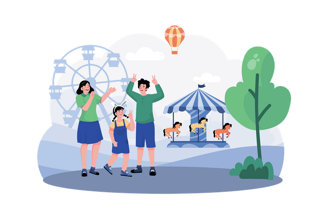 A family visits a nearby amusement park for a fun-filled morning of rides and attractions  Illustration