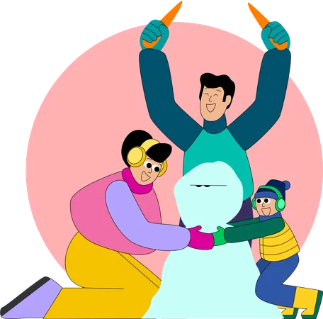 A family works together to build a large snowman  Illustration