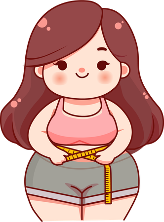 A fat girl measures her waist circumference  Illustration