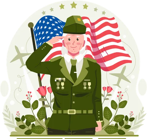A Female Senior Veteran Saluting On Veterans Day With A Fluttering American Flag Background Illustration