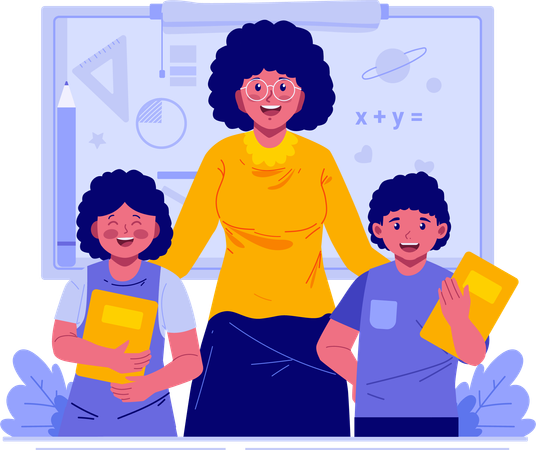 A Female Teacher With Children Students  Illustration