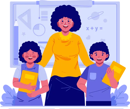 A Female Teacher With Children Students  Illustration
