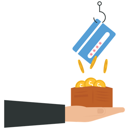 A fishing hook stealing credit card from wallet  Illustration