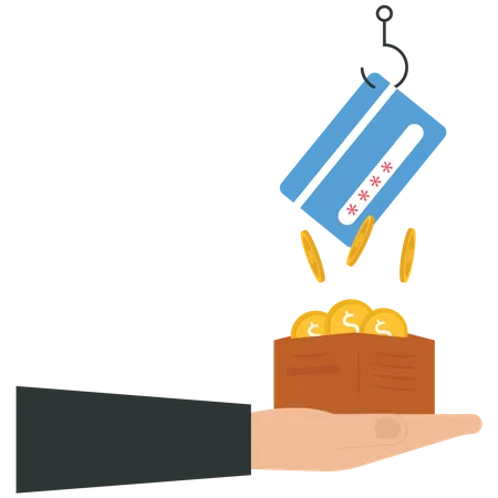 A fishing hook stealing credit card from wallet  Illustration