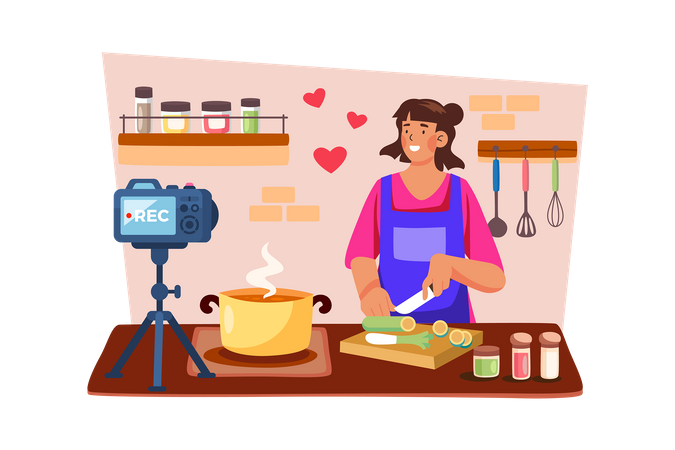 A food blogger films a recipe tutorial for their channel Illustration