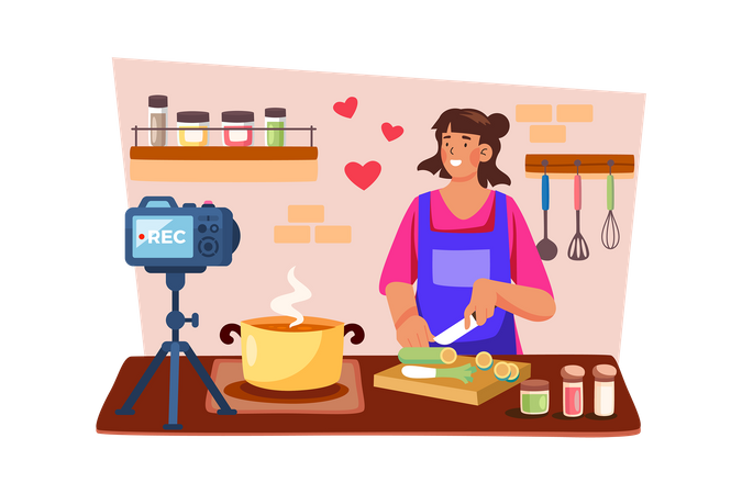 A food blogger films a recipe tutorial for their channel  Illustration