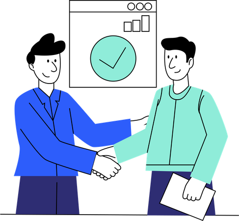A formal business handshake between two male professionals in front of a timeline and performance chart  Illustration