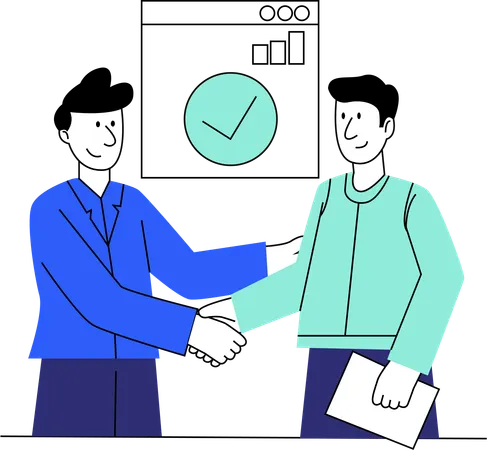 A formal business handshake between two male professionals in front of a timeline and performance chart  Illustration