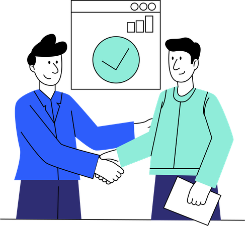 A formal business handshake between two male professionals in front of a timeline and performance chart  イラスト