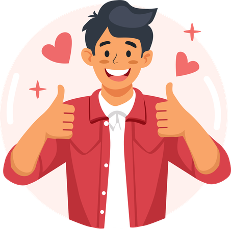 A friendly looking young man gave both thumbs up. Express your gratitude. Vector illustration  Illustration