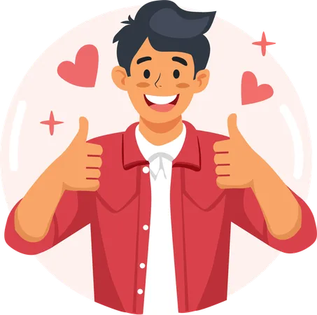 A friendly looking young man gave both thumbs up. Express your gratitude. Vector illustration  Illustration