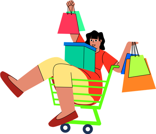 A fun depiction of a shopper enjoying a playful moment in a shopping cart  Illustration