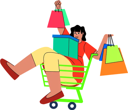 A Fun Depiction Of A Shopper Enjoying A Playful Moment In A Shopping Cart Surrounded By Bags Of Purchases From A Black Friday Sale Illustration