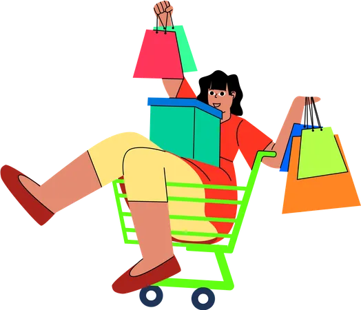 A fun depiction of a shopper enjoying a playful moment in a shopping cart  Illustration