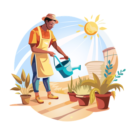 A gardener watering plants in a sunny day  Illustration