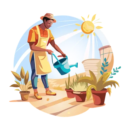 A gardener watering plants in a sunny day  Illustration