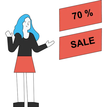 A menina está feliz com o desconto de 70%  Ilustração