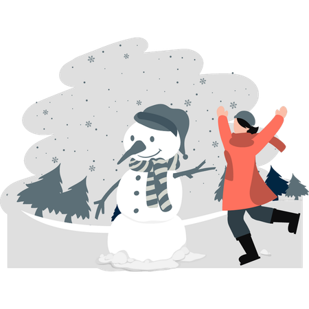 A menina está feliz fazendo um boneco de neve  Ilustração