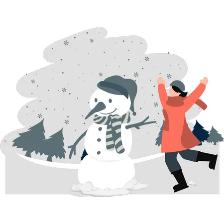 A menina está feliz fazendo um boneco de neve  Ilustração