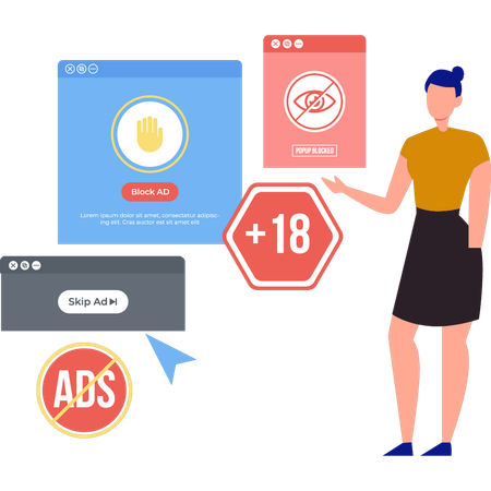 A garota está exibindo anúncios diferentes em sites diferentes.  Ilustração