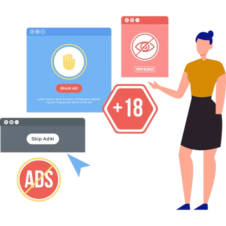 A garota está exibindo anúncios diferentes em sites diferentes.  Ilustração