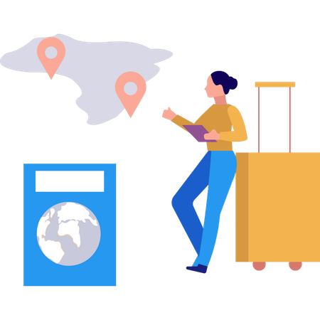 A garota está olhando os pinos de localização ao redor do mundo  Ilustração