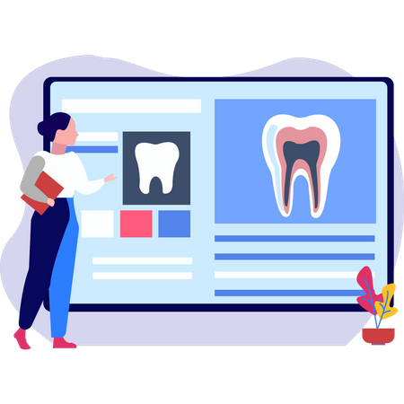 A garota está olhando para o monitor odontológico  Ilustração