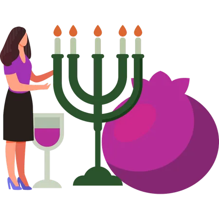 A garota está parada perto das velas de hanukkah  Ilustração