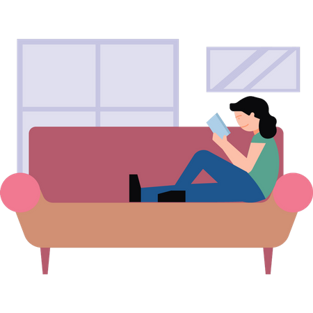A garota está sentada no sofá lendo um livro  Ilustração