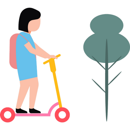 A menina está indo para a escola em uma scooter  Ilustração