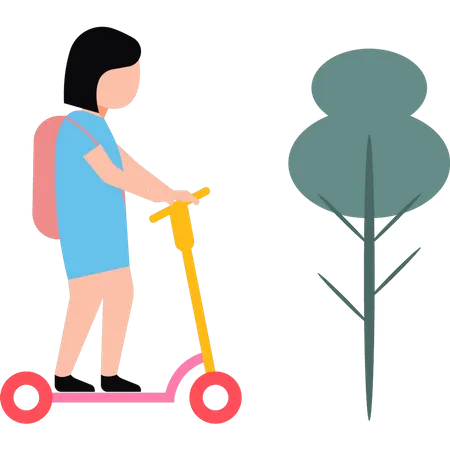 A menina está indo para a escola em uma scooter  Ilustração