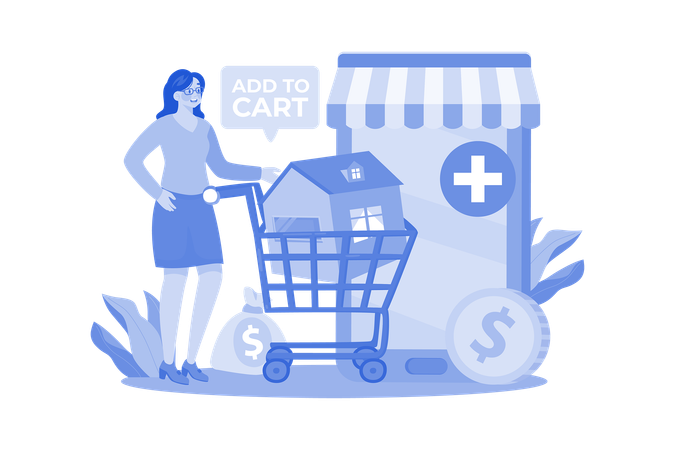 A Girl Adds A House To Her Shopping Cart  Illustration