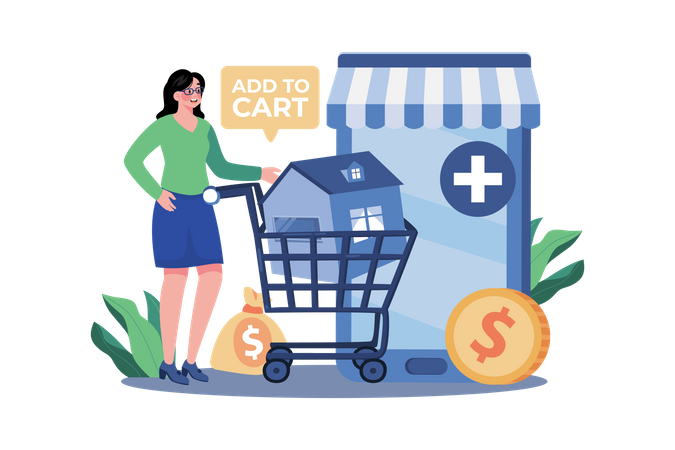 A girl adds a house to her shopping cart Illustration
