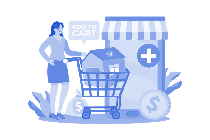 A Girl Adds A House To Her Shopping Cart  Illustration