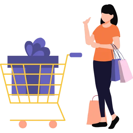 A girl carrying a shopping trolley  Illustration