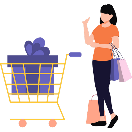 A girl carrying a shopping trolley  Illustration