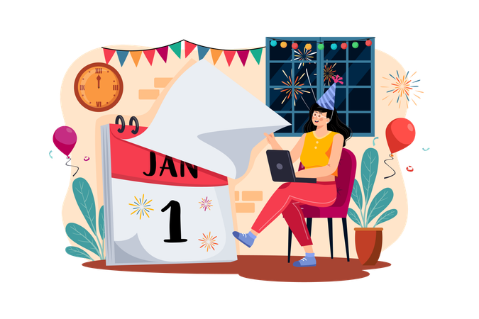 A Girl Greeting A New Year's Eve  Illustration