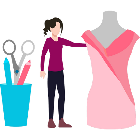 A girl is designing a dress on a mannequin  イラスト