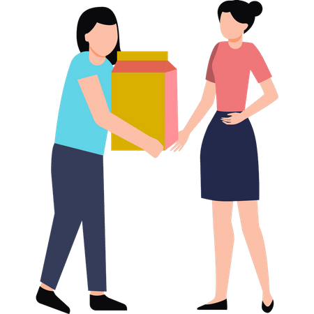 A girl is giving a charity box to another girl  Illustration