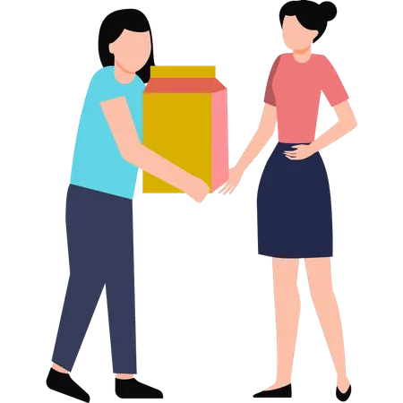 A girl is giving a charity box to another girl  Illustration