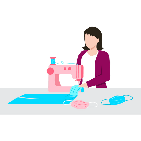 A girl is sewing face masks on a machine  Illustration
