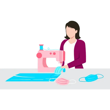 A girl is sewing face masks on a machine  Illustration