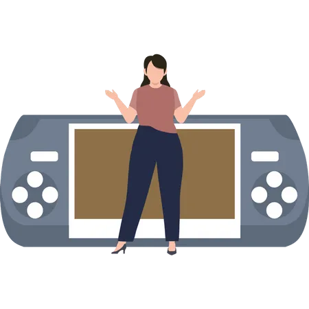 A girl is standing next to a video game  Illustration