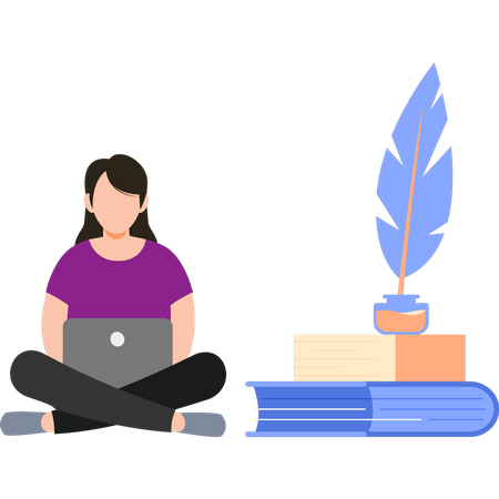 A girl is writing content on a laptop  Illustration