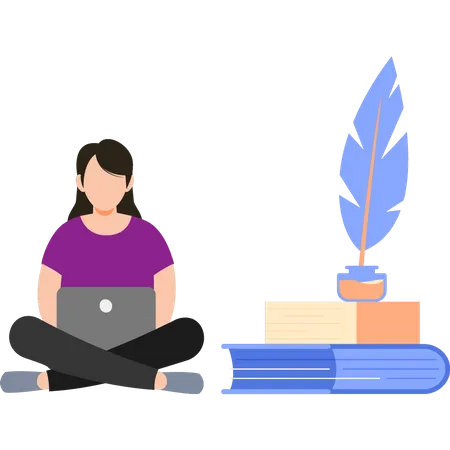 A girl is writing content on a laptop  Illustration