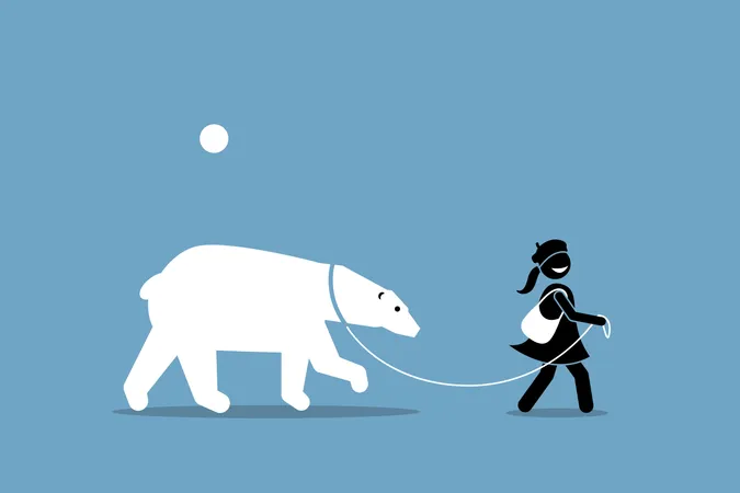 A girl leashing and walking with a polar bear Illustration