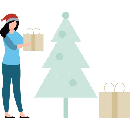 A Girl Stands Near A Christmas Tree With A Gift Illustration